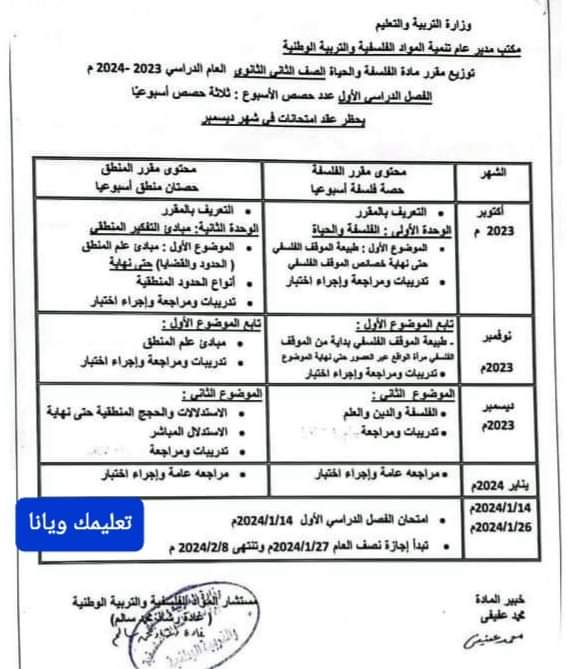 توزيع منهج الفلسفة والمنطق لصفوف المرحلة الثانوية للعام الدراسي 2023 - 2024