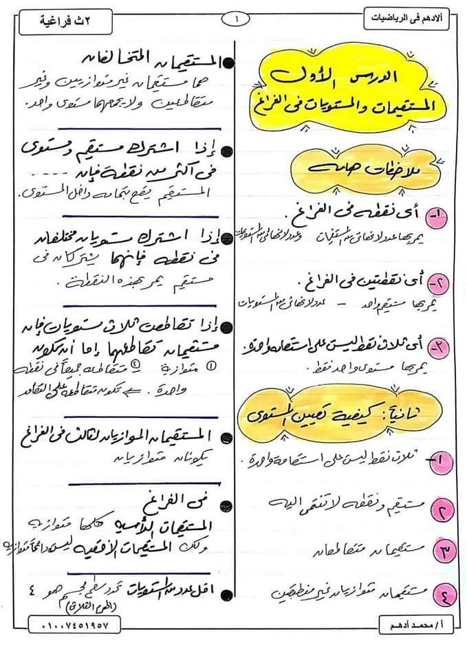 ملزمة شرح وتدريبات الهندسة الفراغية تانية ثانوي الترم الاول