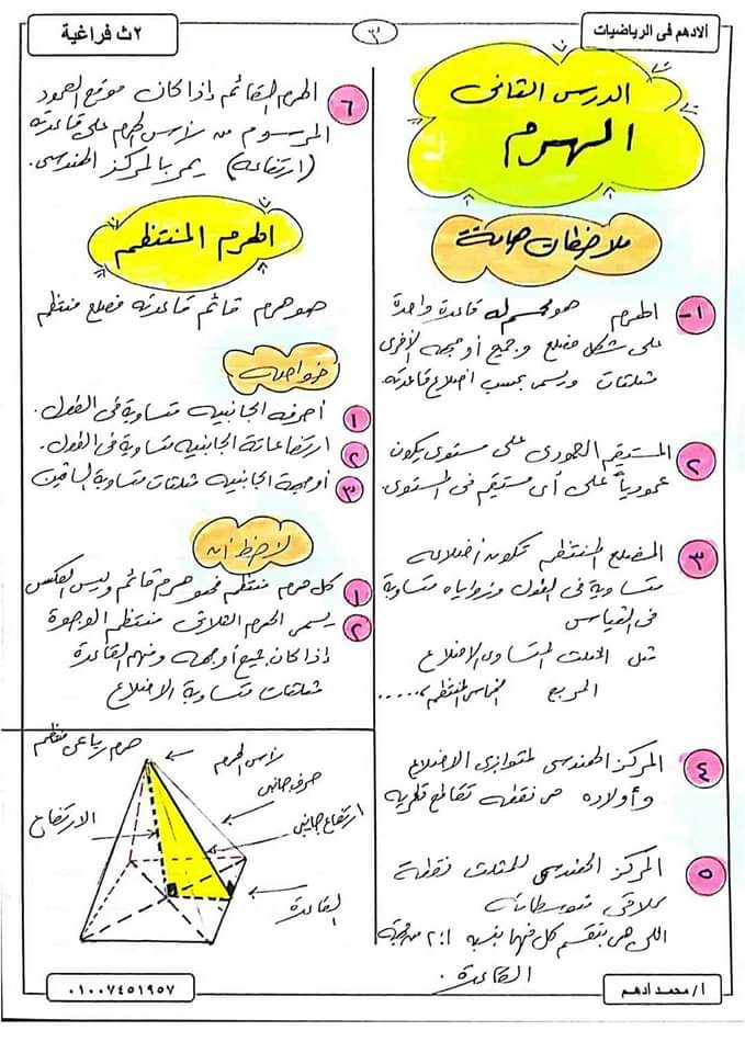 ملزمة شرح وتدريبات الهندسة الفراغية تانية ثانوي الترم الاول