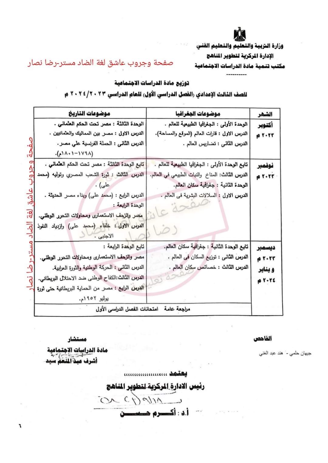 توزيع منهج الدراسات الاجتماعية لصفوف المرحلة الاعدادية الترم الاول