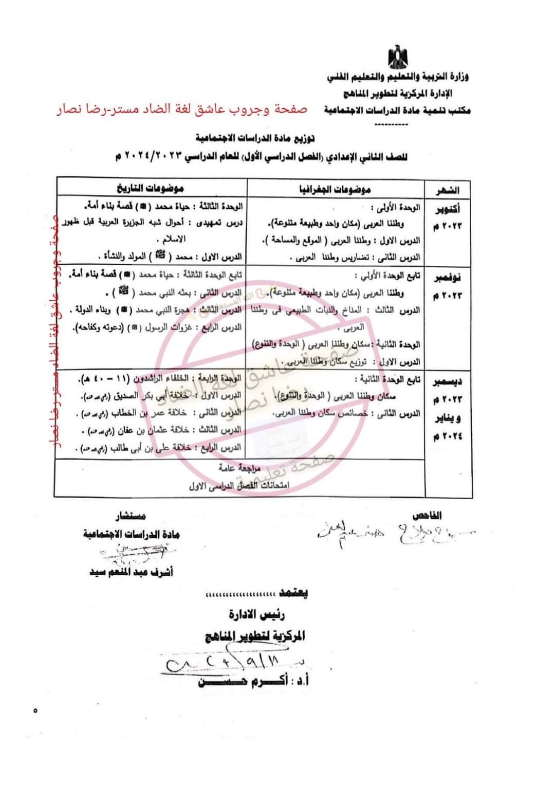 توزيع منهج الدراسات الاجتماعية لصفوف المرحلة الاعدادية الترم الاول