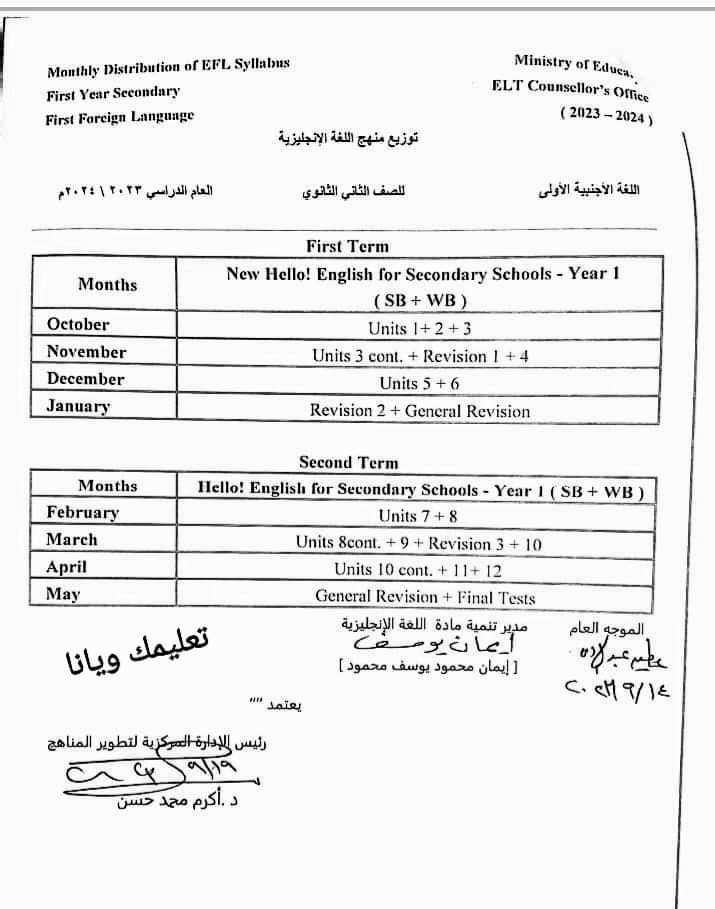 توزيع منهج اللغة الانجليزية لصفوف المرحلة الثانوية للعام الدراسي 2023 - 2024