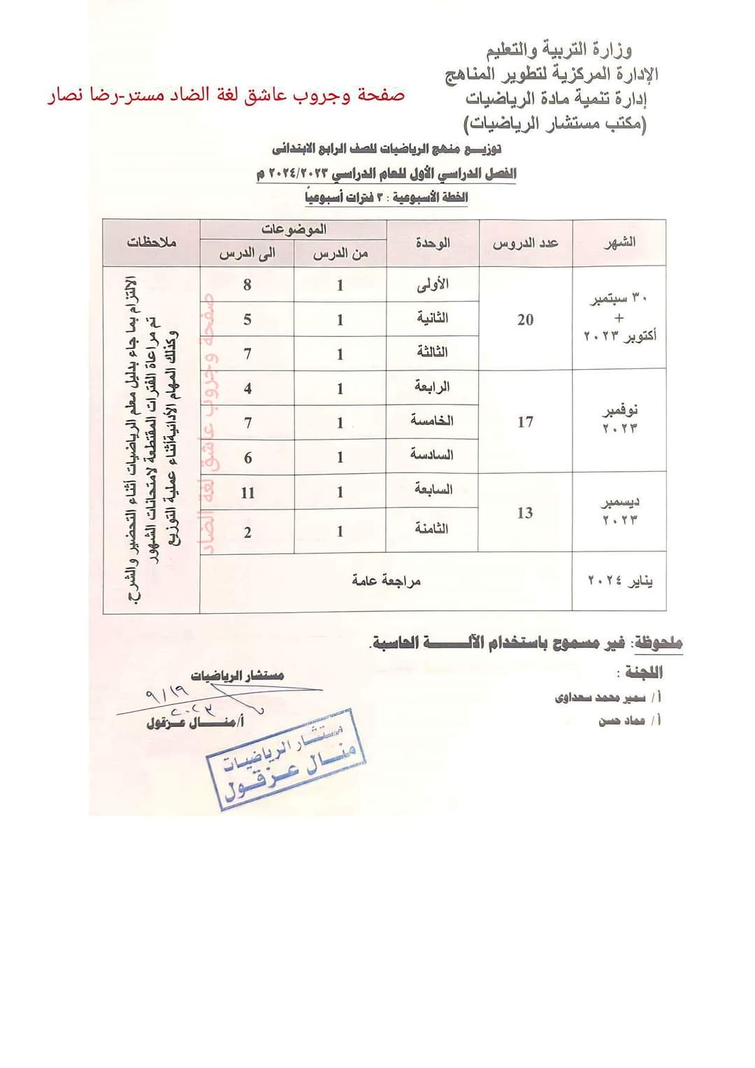 توزيع منهج الرياضيات للصفوف المرحلة الابتدائية الترم الاول