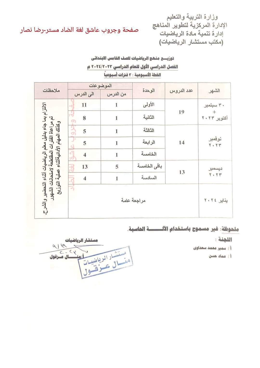 توزيع منهج الرياضيات للصفوف المرحلة الابتدائية الترم الاول