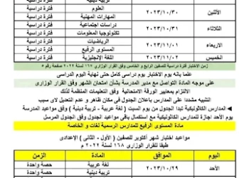 جدول امتحانات شهر اكتوبر للصفوف الرابع والخامس والسادس الابتدائي