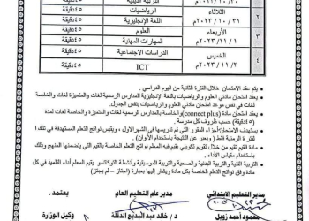 جدول امتحانات اكتوبر للصفوف الرابع والخامس والسادس الابتدائي محافظة البحيرة