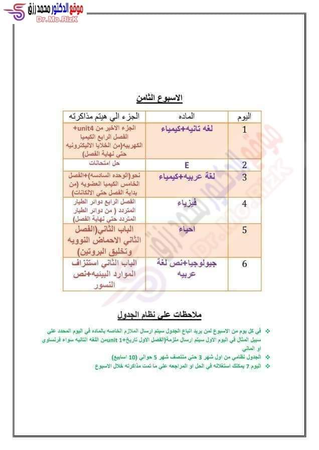 جدول وخطة مذاكرة لمواد الصف الثالث الثانوي علمي علوم