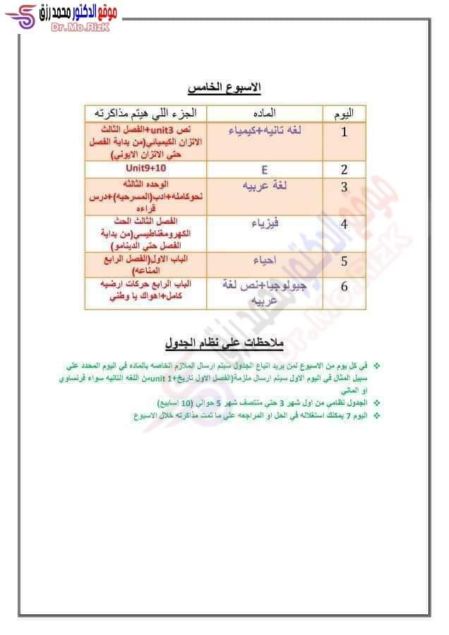 جدول وخطة مذاكرة لمواد الصف الثالث الثانوي علمي علوم