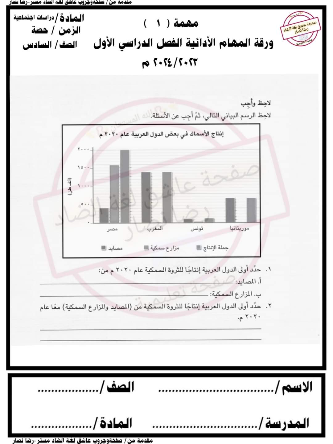 مهام ادائية دراسات إجتماعية الصف السادس الابتدائى الترم الاول لمستر رضا نصار