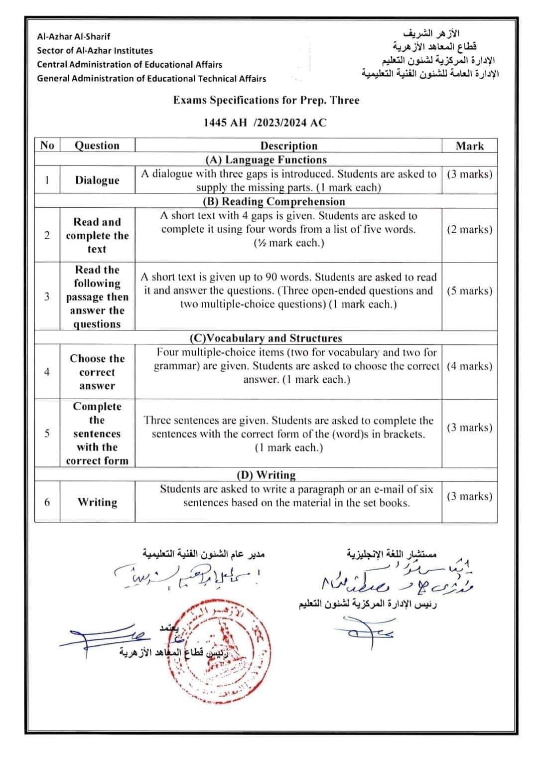 تغيير مواصفات امتحان اللغة الانجليزية للصف الثالث الاعدادي الأزهري ٢٠٢٤