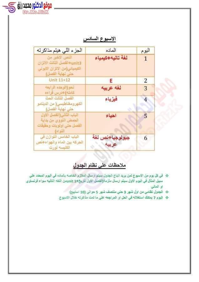 جدول وخطة مذاكرة لمواد الصف الثالث الثانوي علمي علوم