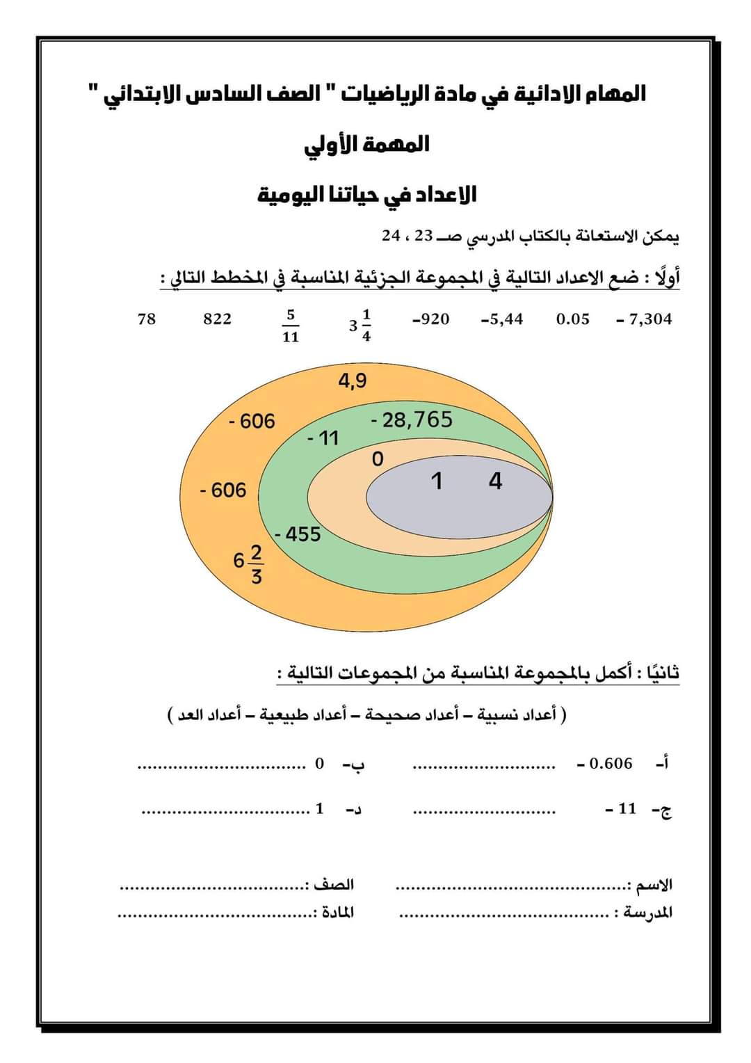 مهام ادائية رياضيات الصف السادس الابتدائي الترم الاول من المتميز – منصة  كتاتيب مصر