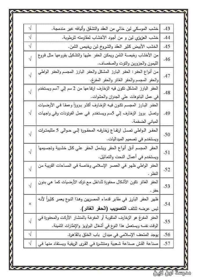 مراجعة ليلة الامتحان ثقافة فنية الصف الثالث الإعدادي الترم الاول مع الإجابات