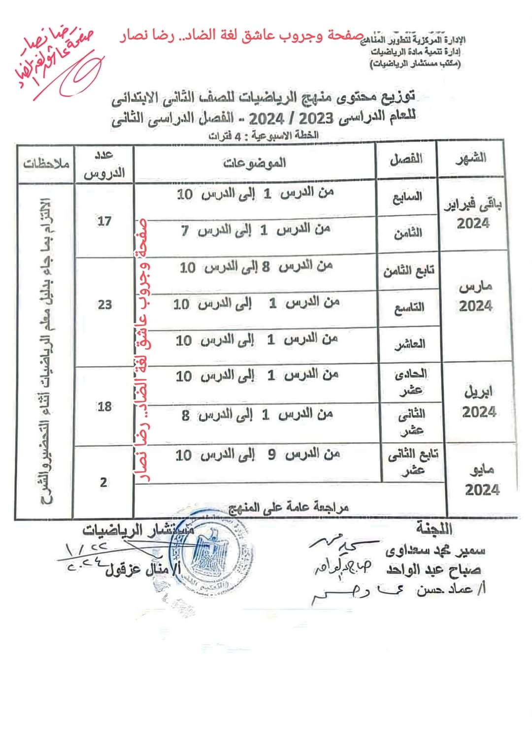 خطة توزيع منهج الرياضيات للصفوف الأولية الترم الثاني 2024