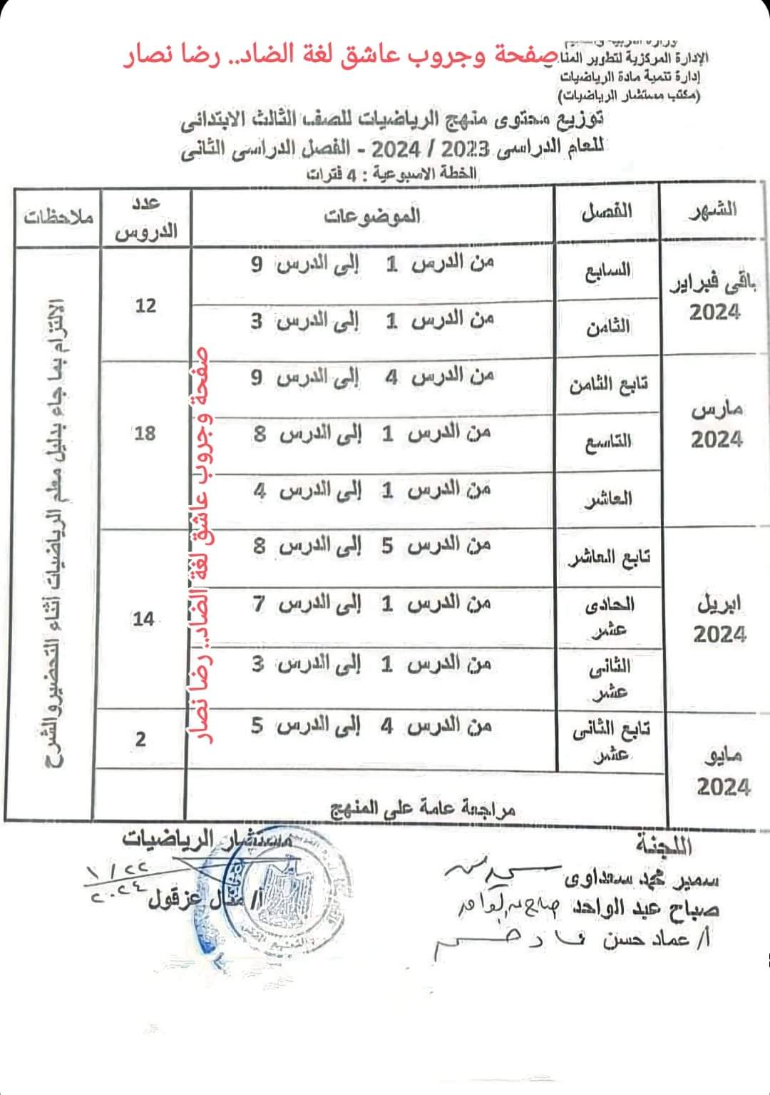 خطة توزيع منهج الرياضيات للصفوف الأولية الترم الثاني 2024