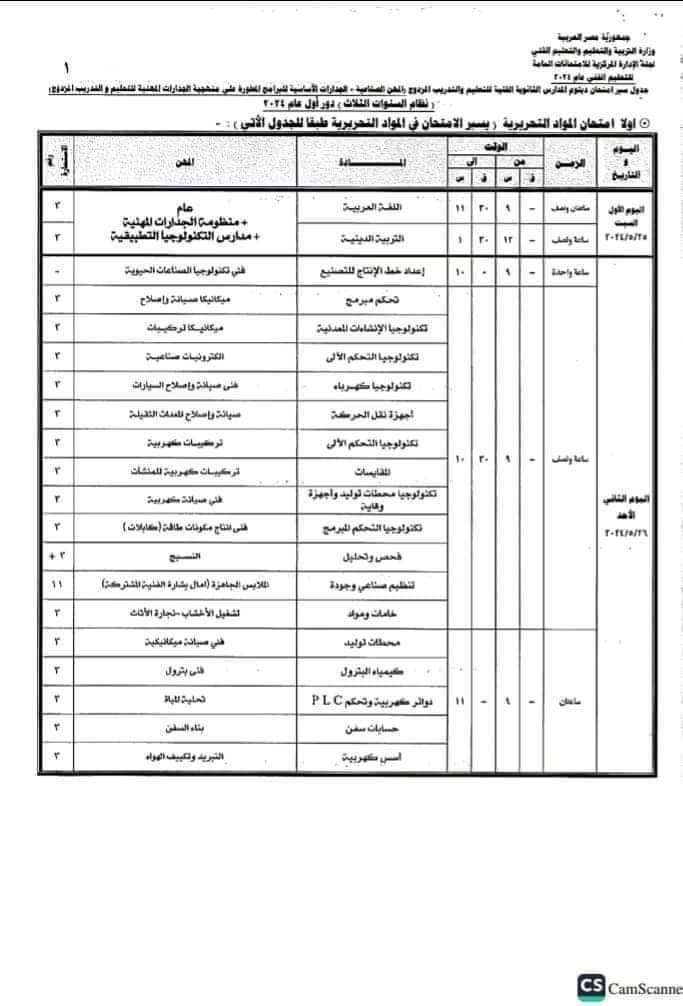 جداول امتحانات الدبلومات الفنية للمهن الصناعية والجدارات الاساسية للبرامج الدراسية المطورة 2024