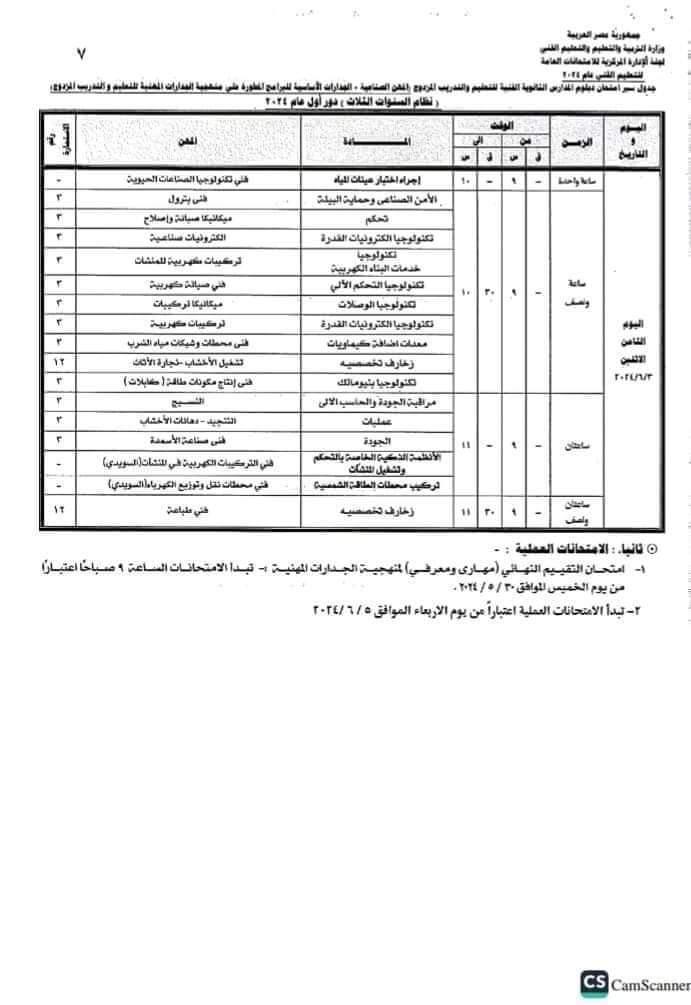 جداول امتحانات الدبلومات الفنية للمهن الصناعية والجدارات الاساسية للبرامج الدراسية المطورة 2024