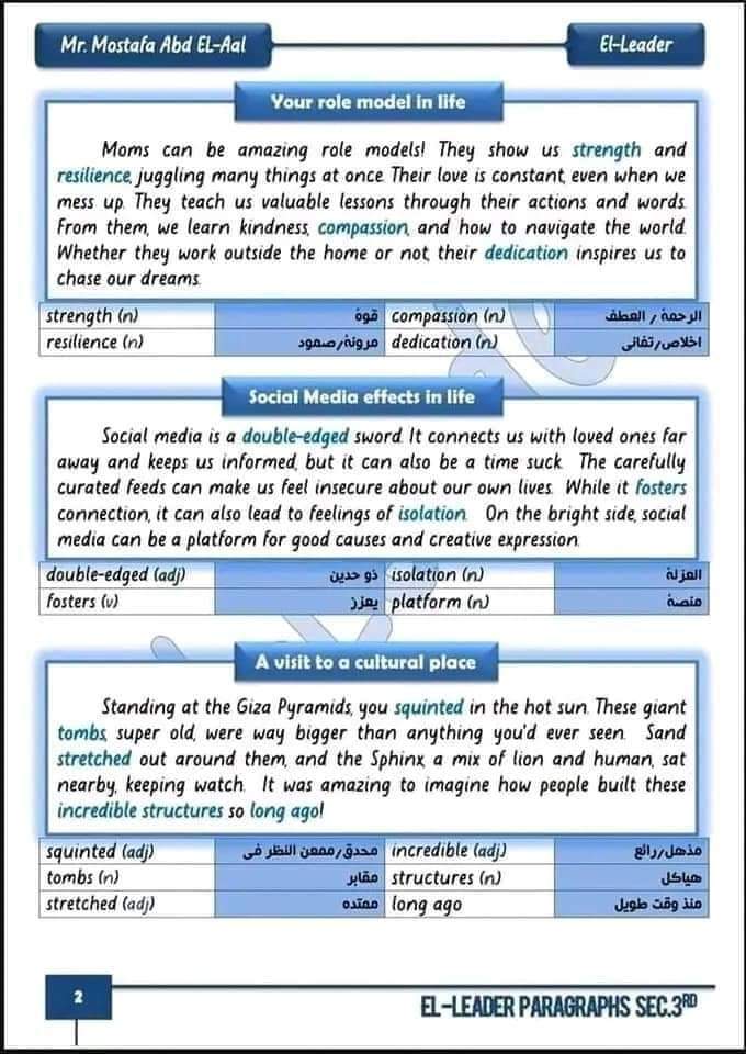 اهم البراجرافات المتوقعة للصف الثالث الثانوي مترجمة