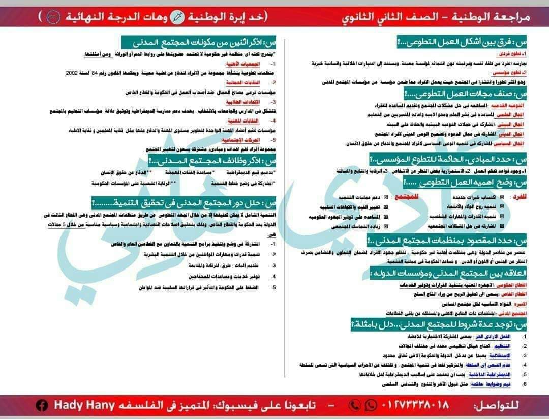 ملزمة مراجعة ليلة الامتحان مواطنة وحقوق الإنسان الصف الثاني الثانوي