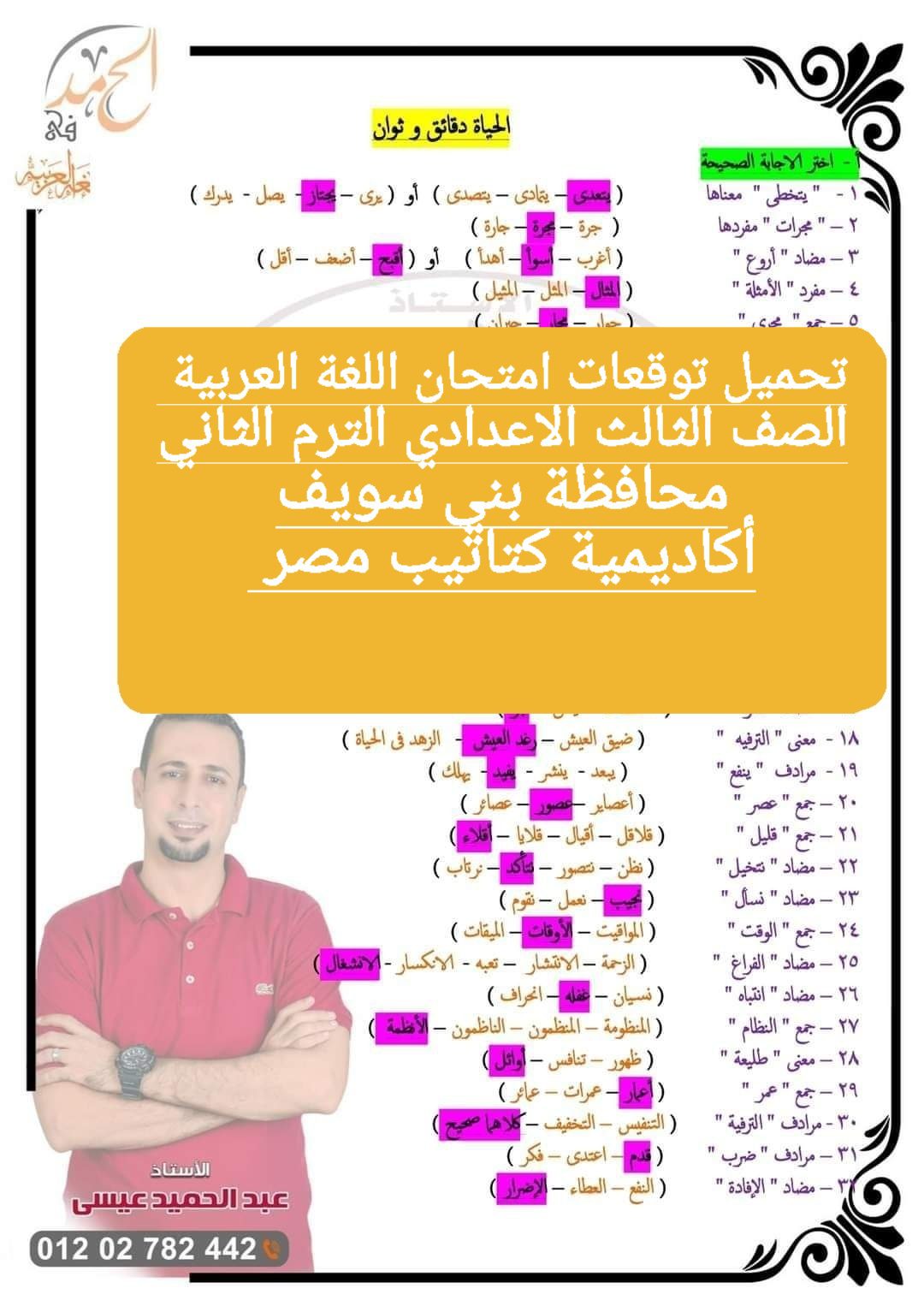 توقعات امتحان اللغة العربية الصف الثالث الاعدادي محافظة بني سويف الترم الثاني ٢٠٢٤ - تحميل امتحانات بني سويف