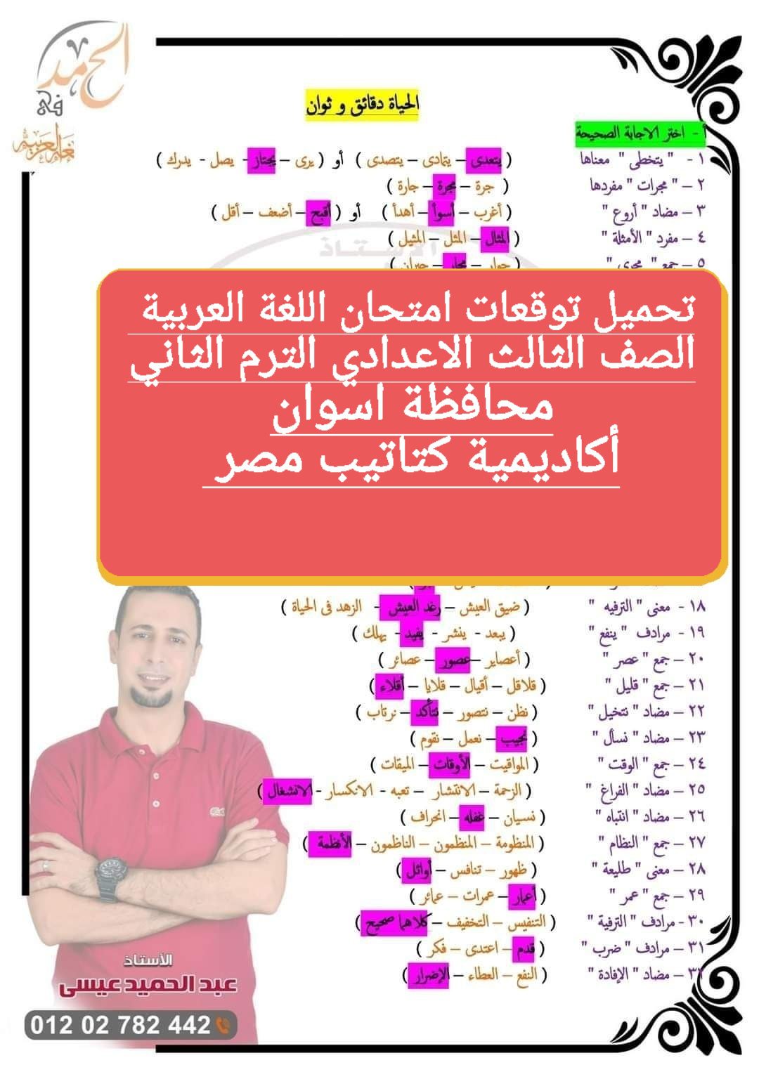 توقعات امتحان اللغة العربية الصف الثالث الاعدادي محافظة أسوان الترم الثاني ٢٠٢٤ - تحميل امتحانات اسوان