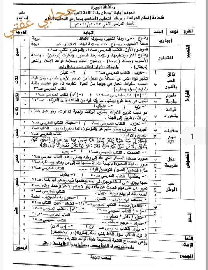 نموذج الاجابه الرسمي لامتحان اللغة العربية محافظة الجيزة تالتة اعدادي الترم الثاني ٢٠٢٤