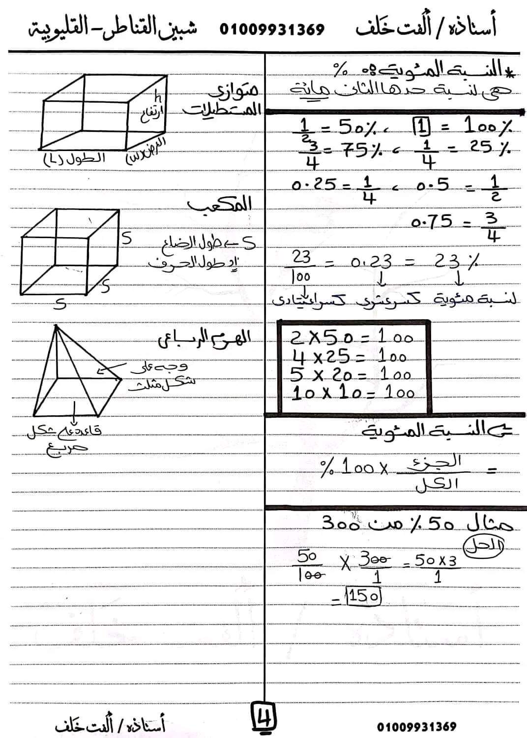 ملخص قوانين الرياضيات للصف السادس الابتدائي ترم ثاني 2024 الاستاذة ألفت خلف