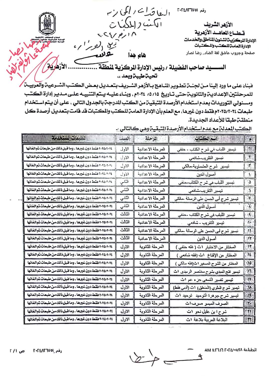 رسميا تعديلات في مناهج المواد الدراسيه العام الدراسي 2025 للمرحلة الاعداديه و الثانويه بالأزهر الشريف