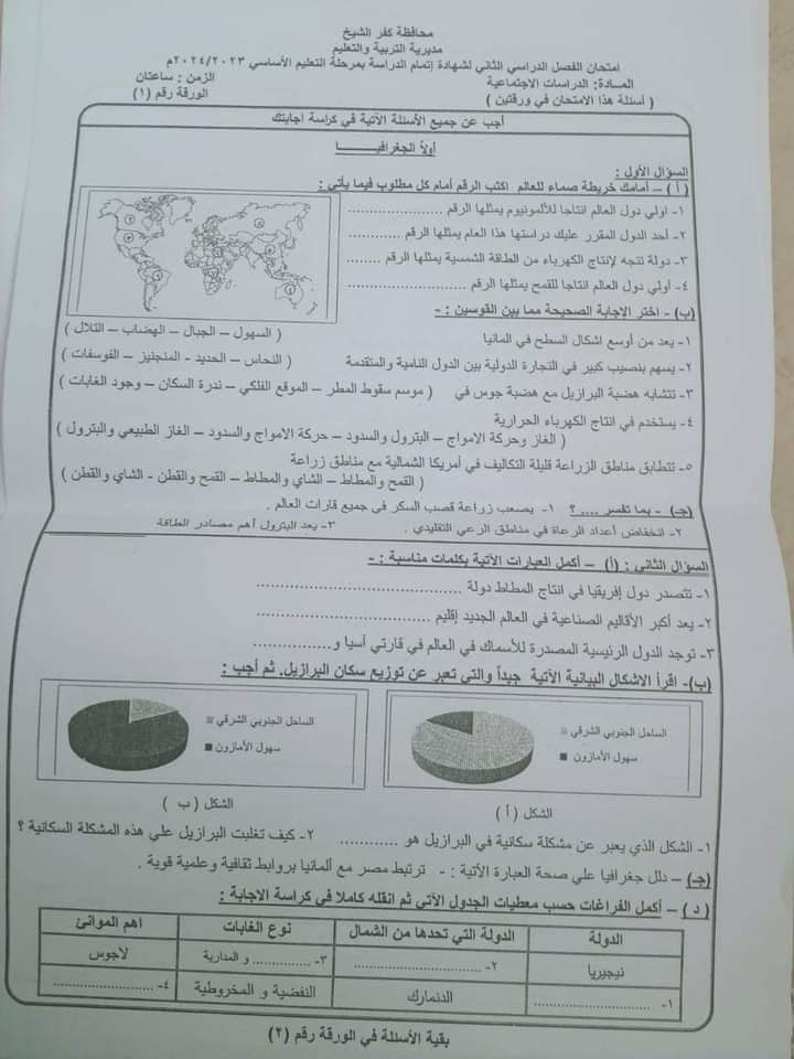 إجابة امتحان الدراسات الاجتماعية محافظة كفر الشيخ للشهادة الاعدادية الترم الثاني ٢٠٢٤