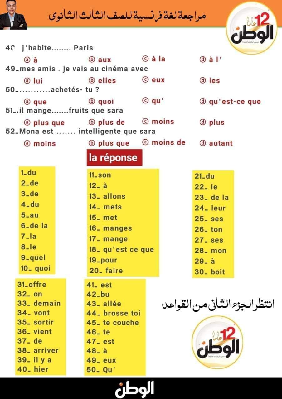 50 سؤالا في مادة اللغة الفرنسية للصف الثالث الثانوي لن يخرج عنها الامتحان بالاجابات