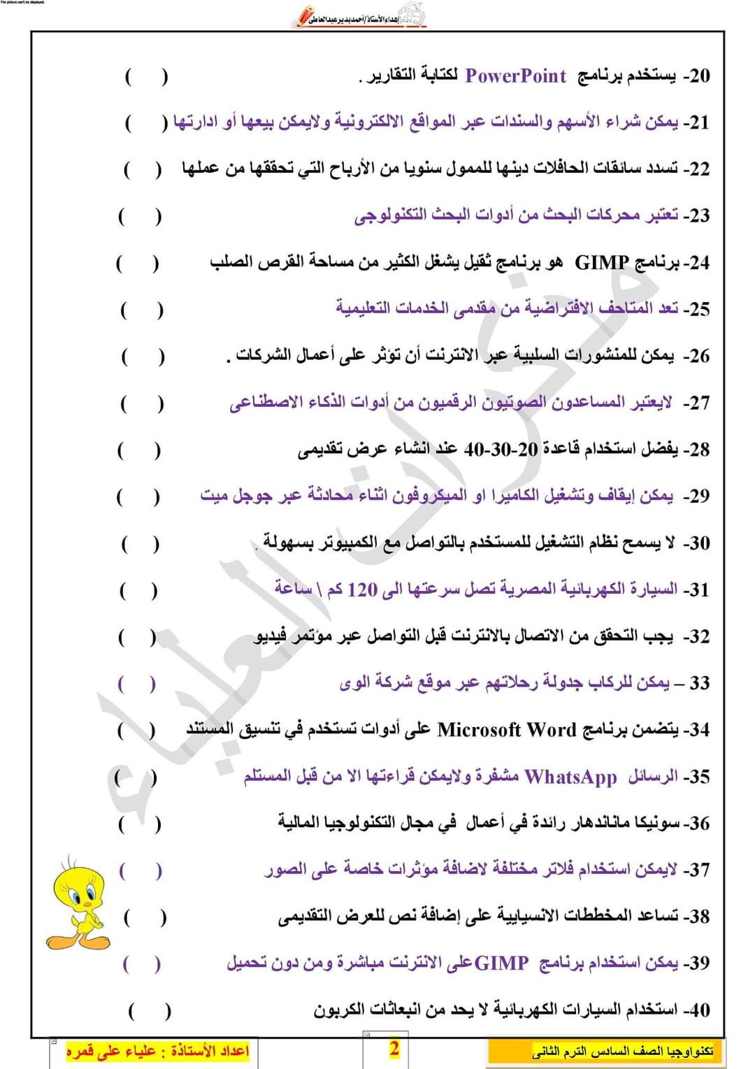 بنك أسئلة تكنولوجيا المعلومات للصف السادس الابتدائي الترم الثاني بالإجابة - أ/علياء علي