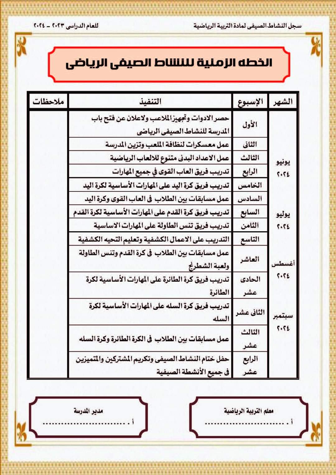 سجلات النشاط الصيفي لمادة التربية الرياضية صيف ٢٠٢٤ طبقا للقرارات الجديدة