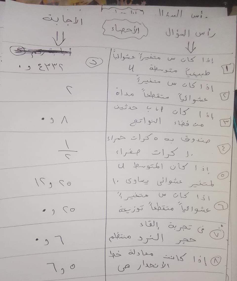 اجابات امتحان الاحصاء للثانوية العامة 2024