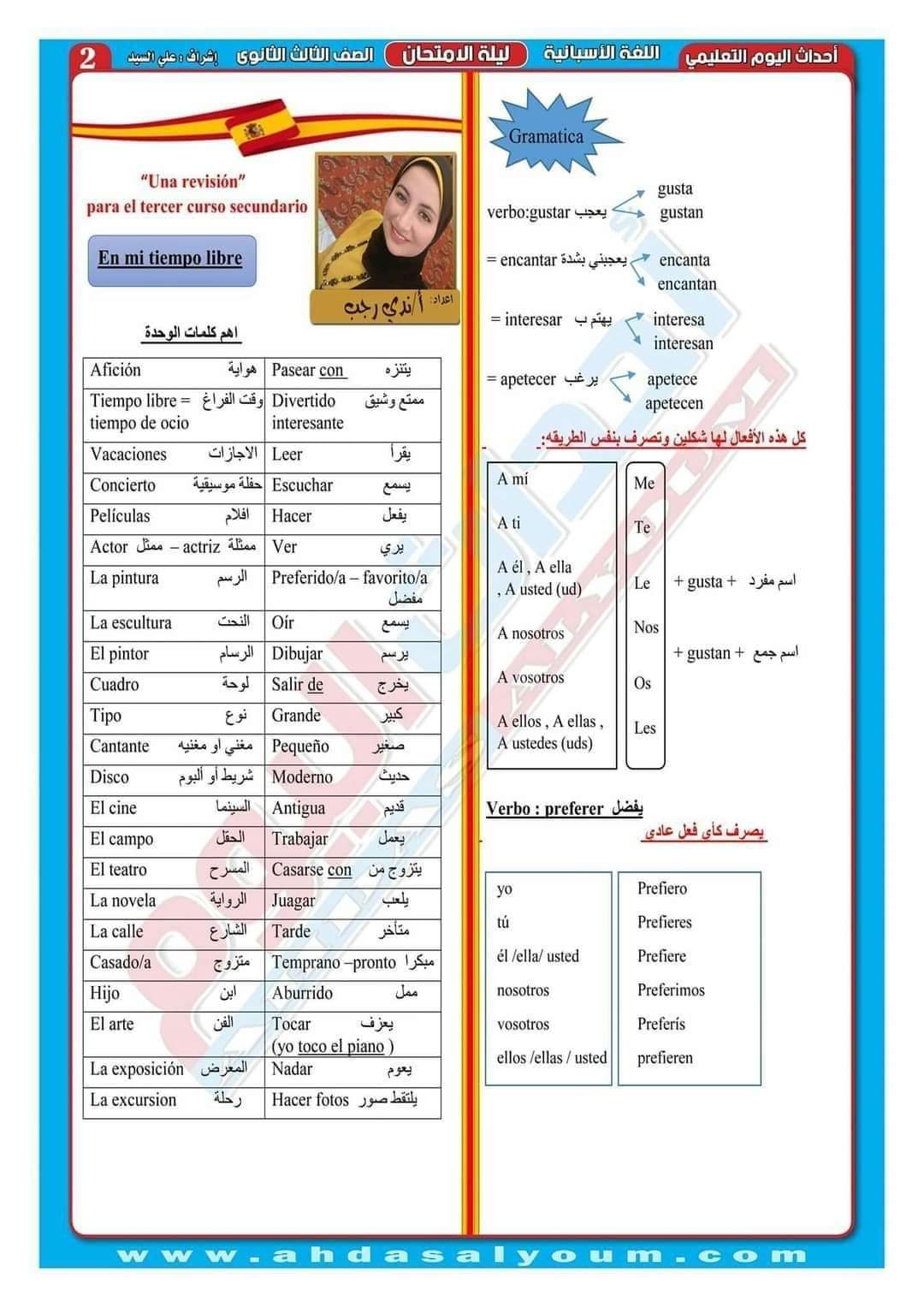 اقوى ملزمة مراجعة ليلة الامتحان في اللغة الاسبانية للثانوية العامة