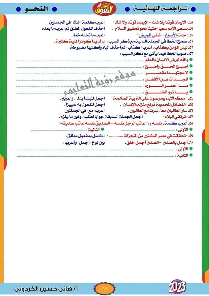 السؤال المقالى المتوقع فى النحو للثانوية العامة بالإجابة م/ هاني الكردوني