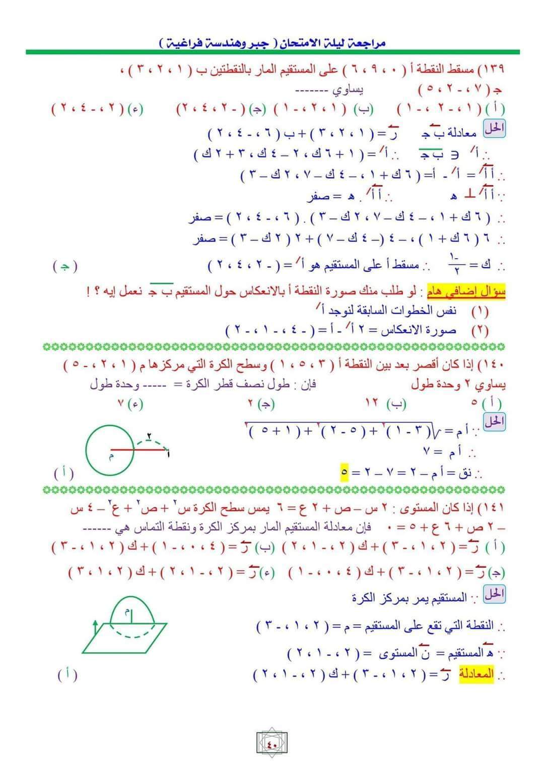 أهم اسئلة مراجعة ليلة الامتحان الجبر والهندسة الفراغية بالاجابات وخطوات الحل