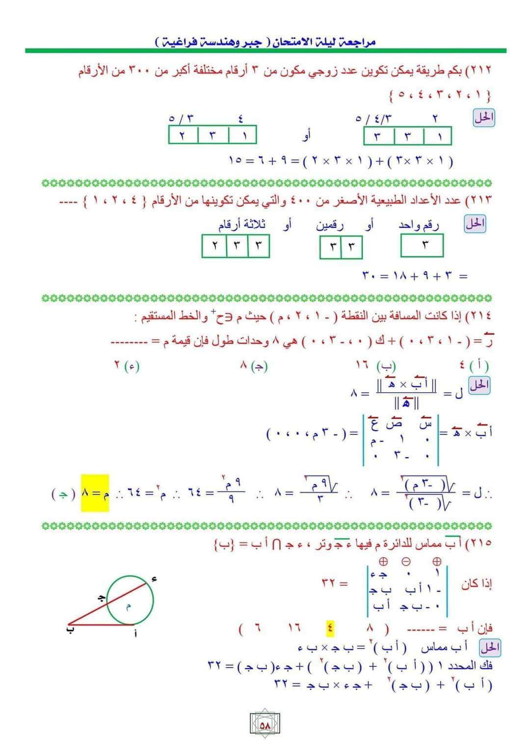 أهم اسئلة مراجعة ليلة الامتحان الجبر والهندسة الفراغية بالاجابات وخطوات الحل