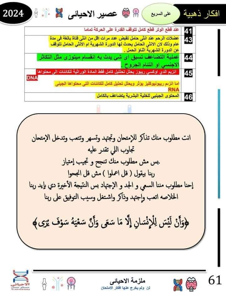 46 سؤال متوقع بالاجابات في امتحان الاحياء الثانوية العامة 2024