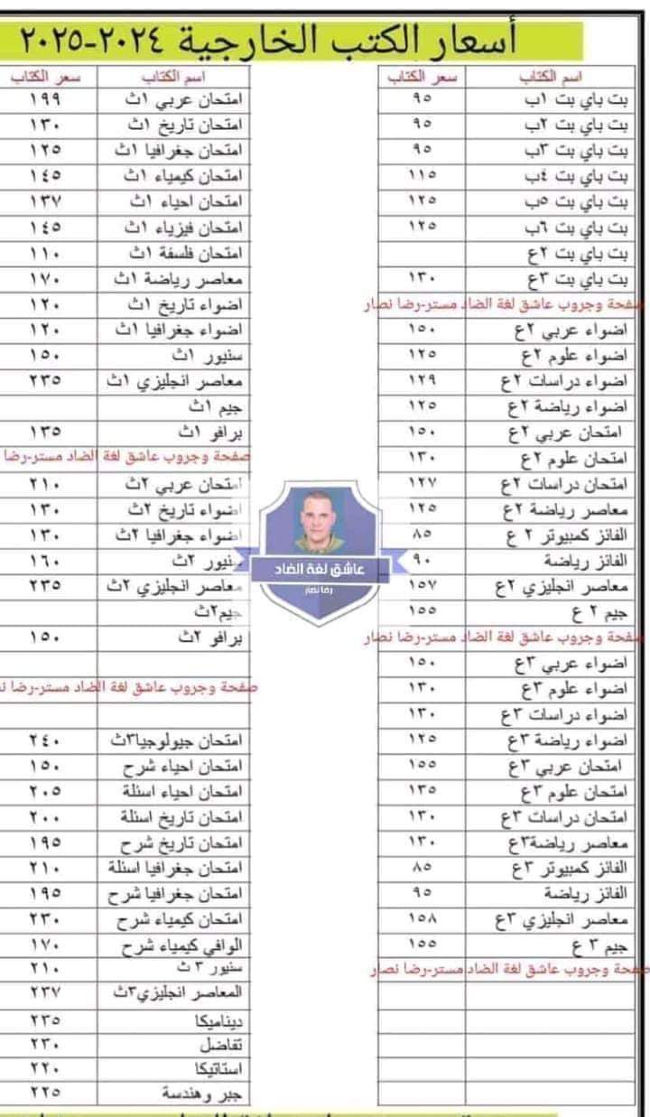 اسعار الكتب الخارجية لكل الصفوف للعام الدراسي ٢٠٢٤ - ٢٠٢٥