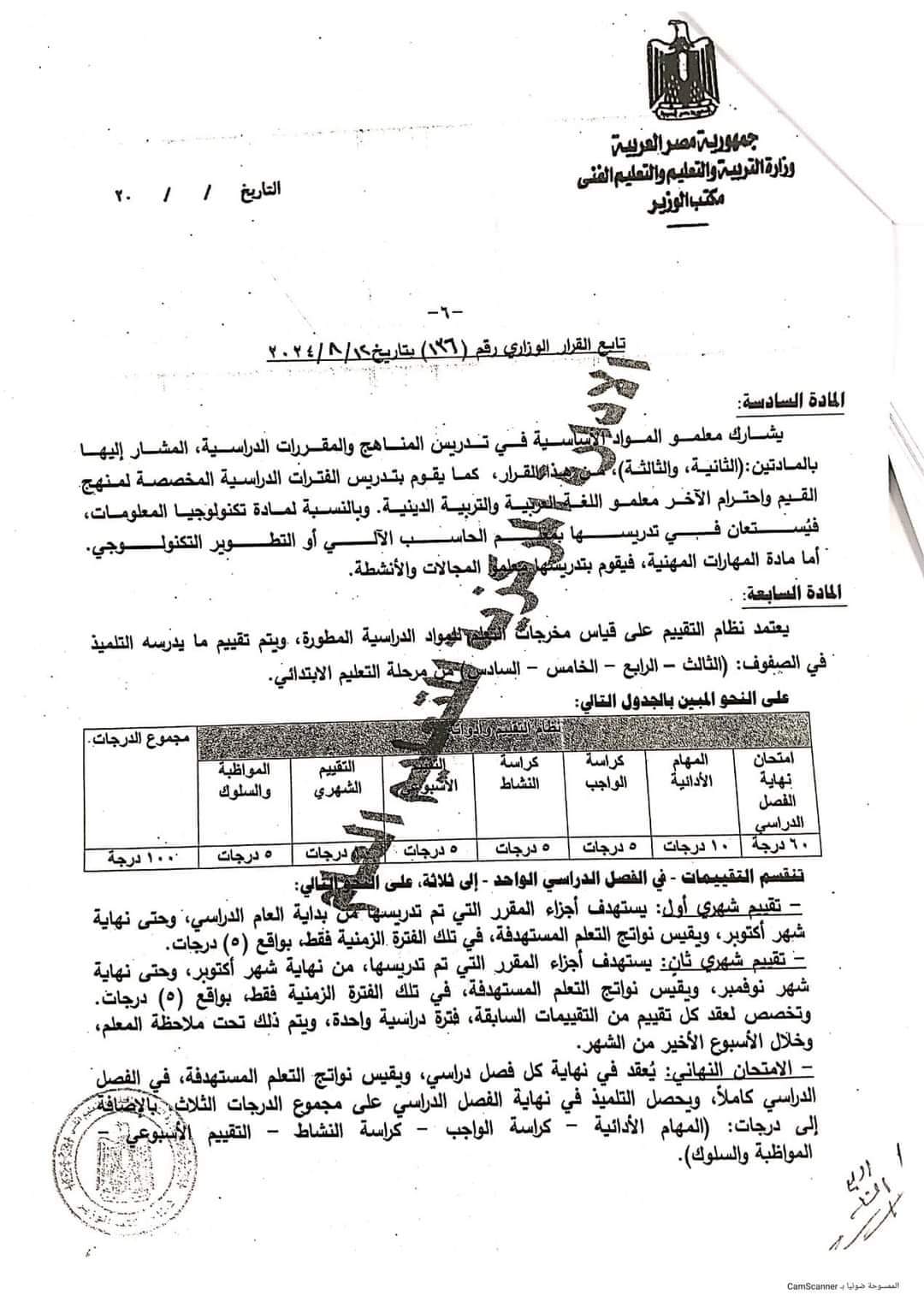 القرار الوزاري الخاص بنظام الدراسة والتقييم للمرحلة الابتدائية العام الدراسي 2024/2025