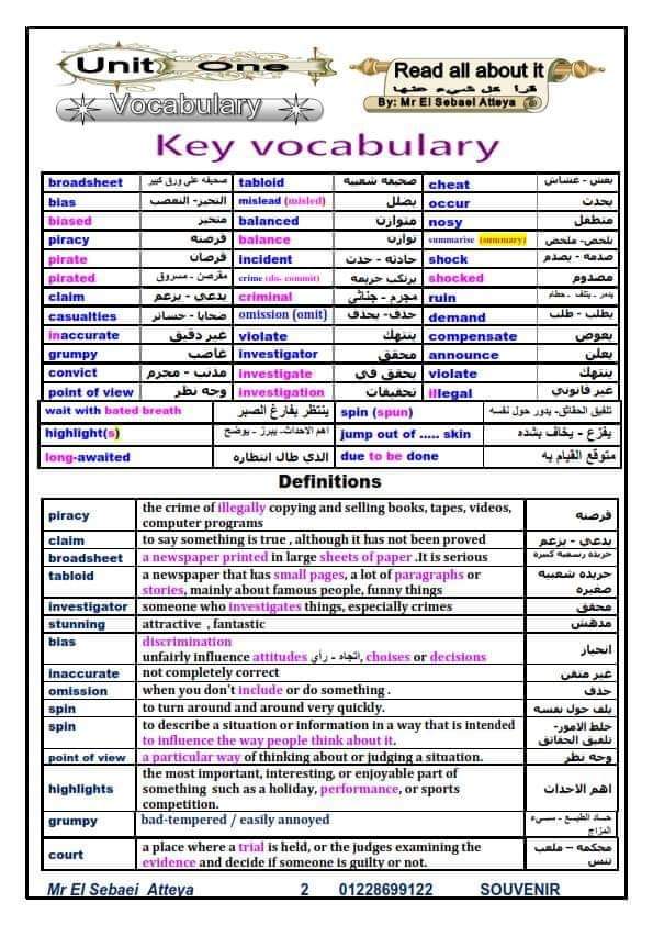 تحميل اقوى ملزمة شرح وتدريبات اللغة الإنجليزية للشهادة الاعدادية الترم الاول