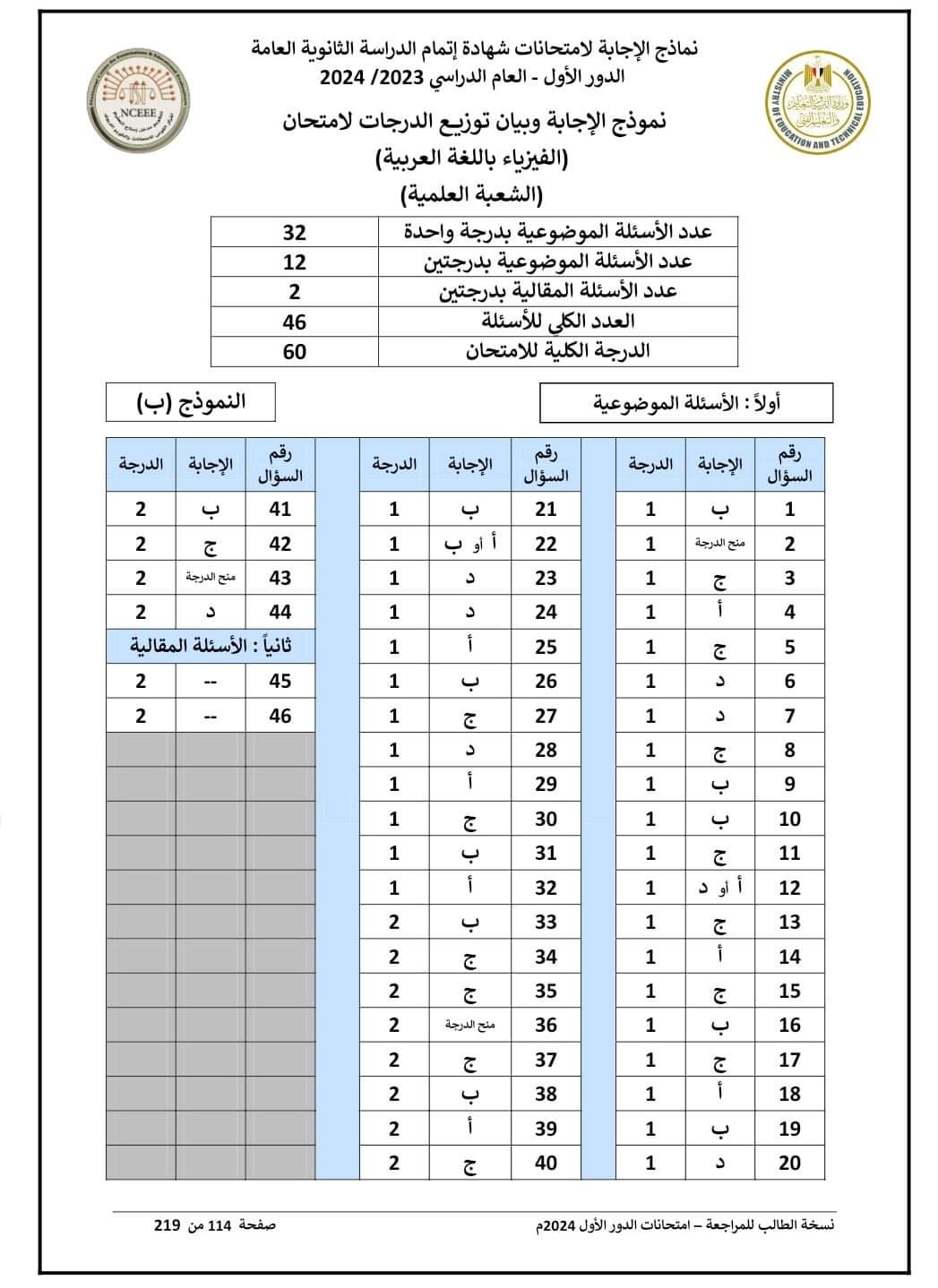 نموذج الإجابة الرسمي وتوزيع الدرجات لمادة الفيزياء للثانوية العامة 2024