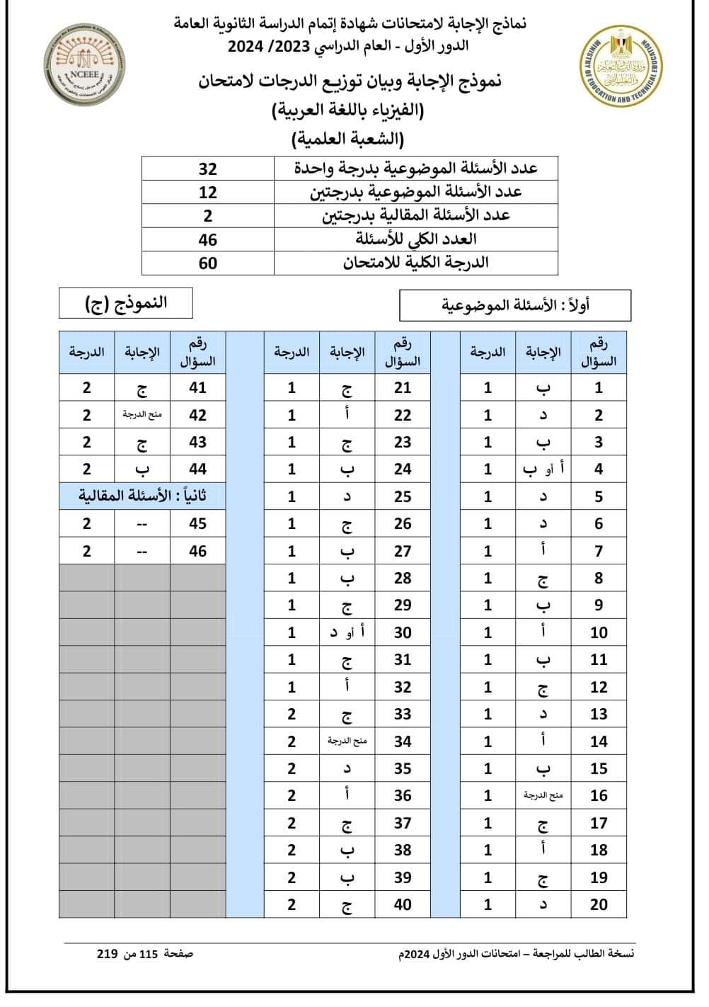 نموذج الإجابة الرسمي وتوزيع الدرجات لمادة الفيزياء للثانوية العامة 2024