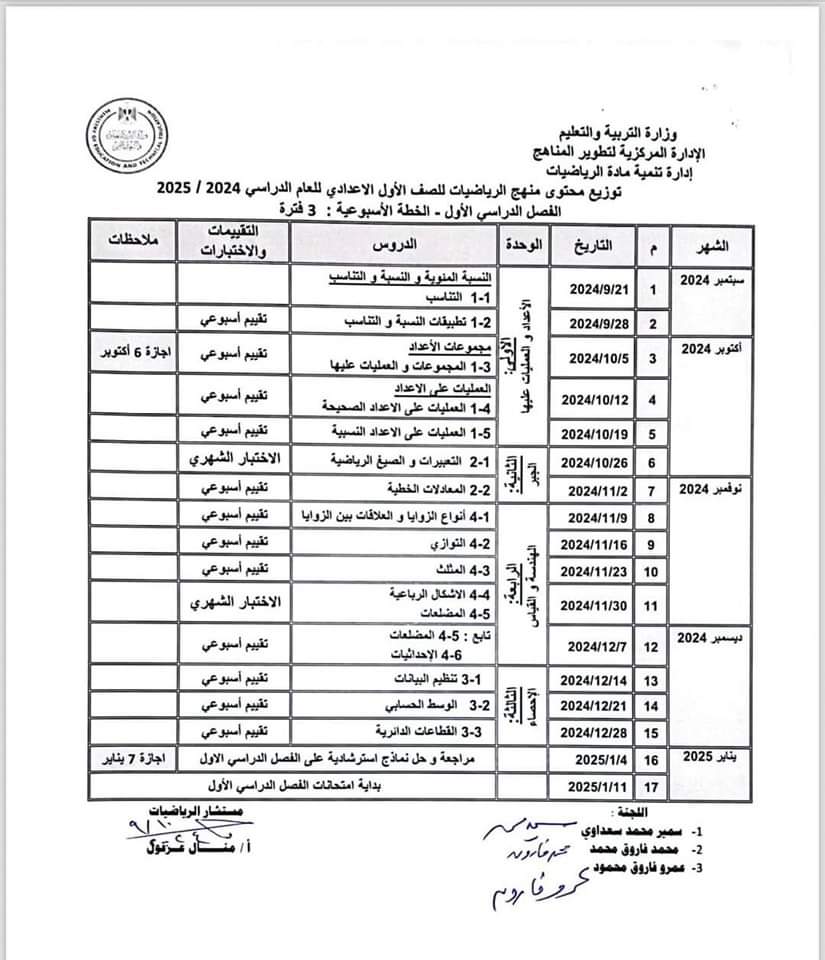 توزيع منهج الرياضيات للصف الأول الاعدادي الفصل الدراسي الاول 2025