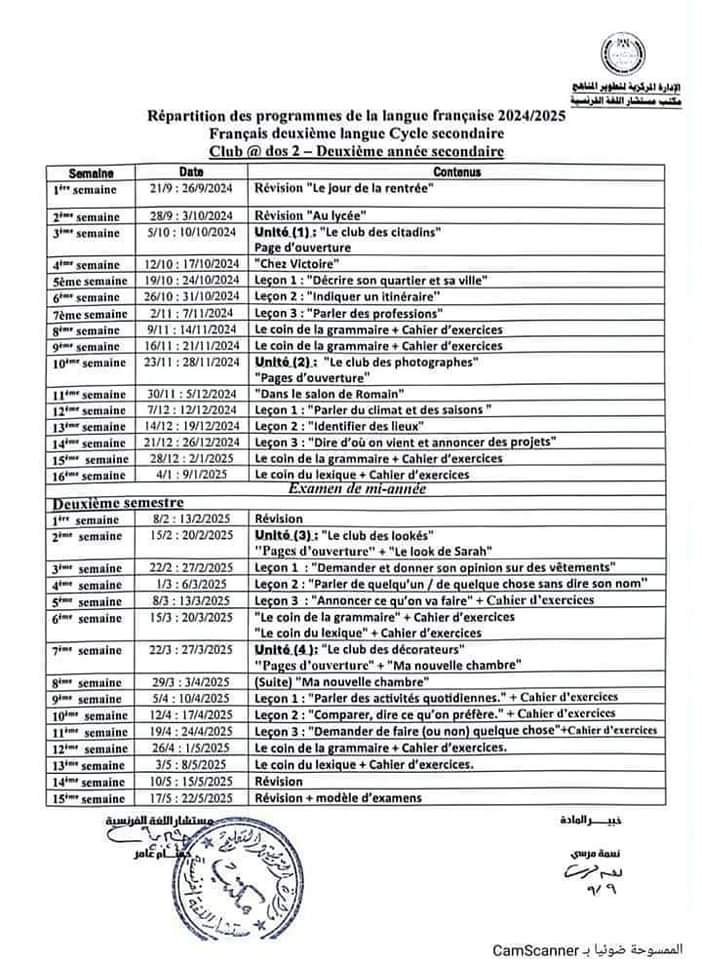 توزيع مقررات منهج اللغة الفرنسية للمرحلة الثانوية الترم الاول والثاني 2025
