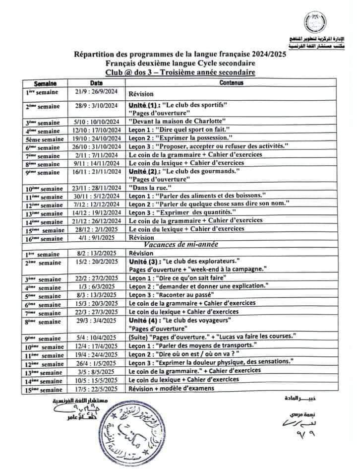 توزيع مقررات منهج اللغة الفرنسية للمرحلة الثانوية الترم الاول والثاني 2025