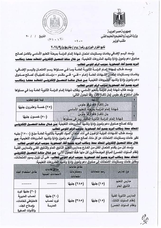 نص القرار الوزاري الخاص بتحديد الرسوم والاشتراكات والغرامات ومقابل الخدمات الاضافية التي تحصل من طلاب المدارس في العام الدراسي 2024 - 2025