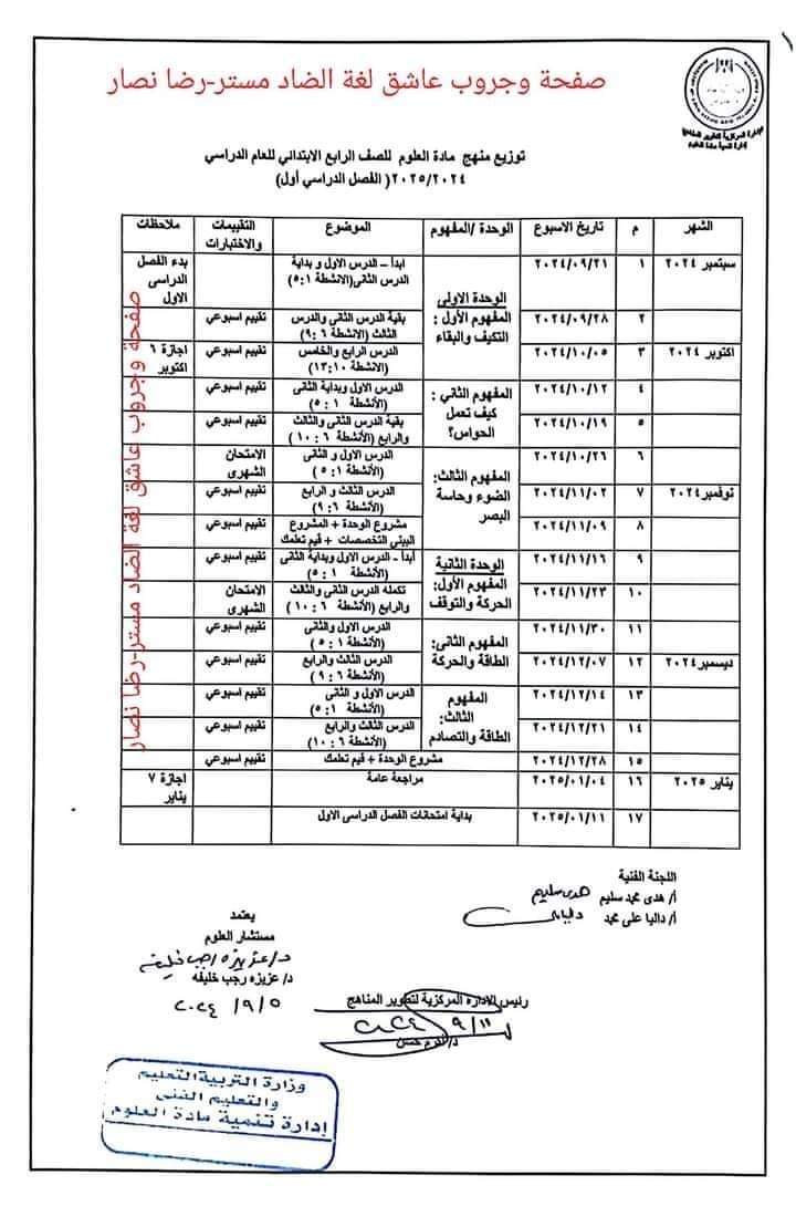 خطة توزيع منهج العلوم للصف الرابع الابتدائي الترم الاول والثاني 2025 - توزيع مناهج رابعة ابتدائي