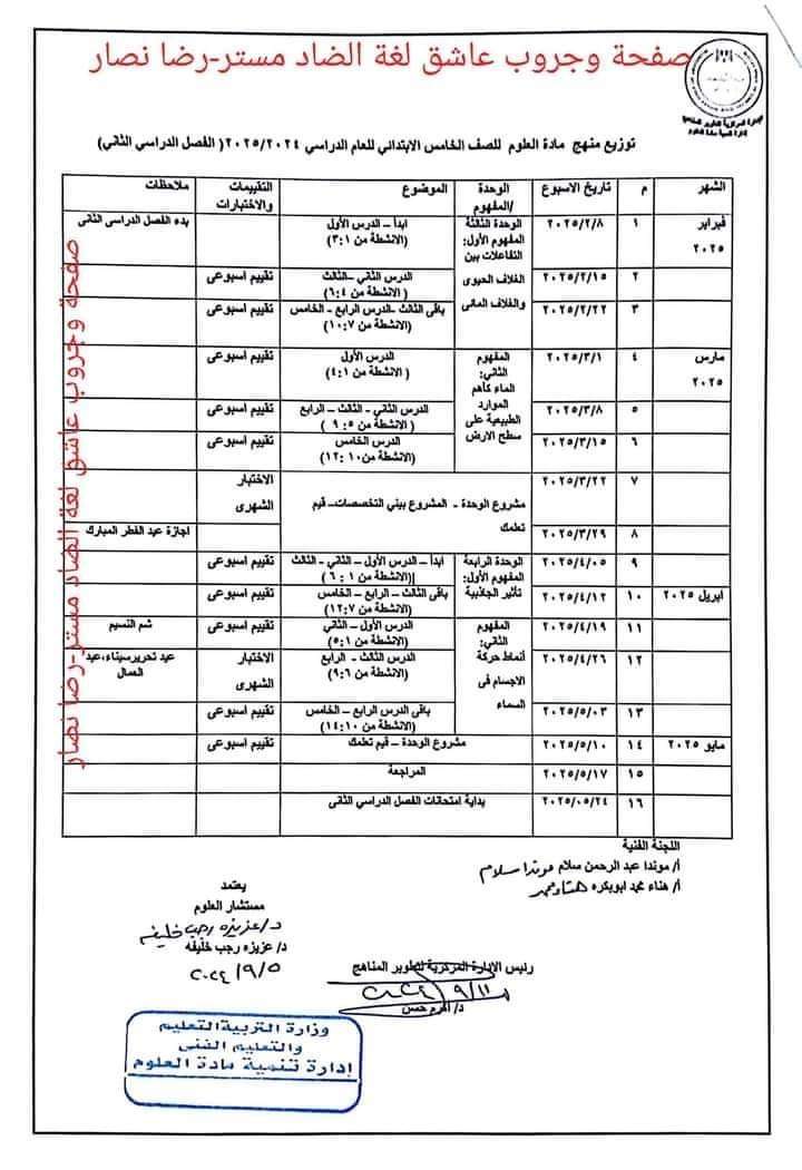 خطة توزيع منهج العلوم للصف الخامس الابتدائي الترم الاول والثاني 2025 - توزيع مناهج خامسة ابتدائي