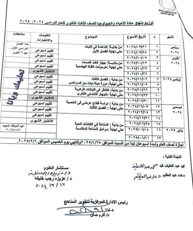 خطة توزيع الأحياء والجيولوجيا للثانوية العامة 2025